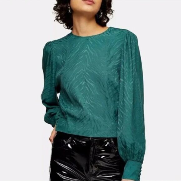 Topshop Emerald Green Jacquard Animal Print Long Sleeve Blouse 8 - Picture 1 of 7